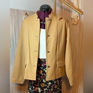 BFA Classics 100% Wool Tan Blazer with Beautiful Red Floral Pin Brooch